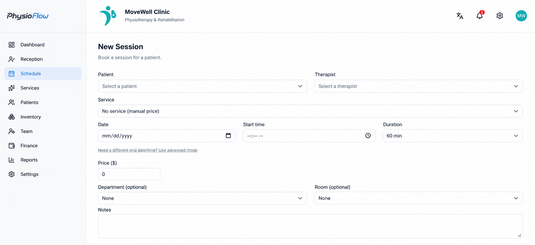 The New Session form with fields for patient, therapist, service, date, start time, duration, price, department, room, and notes