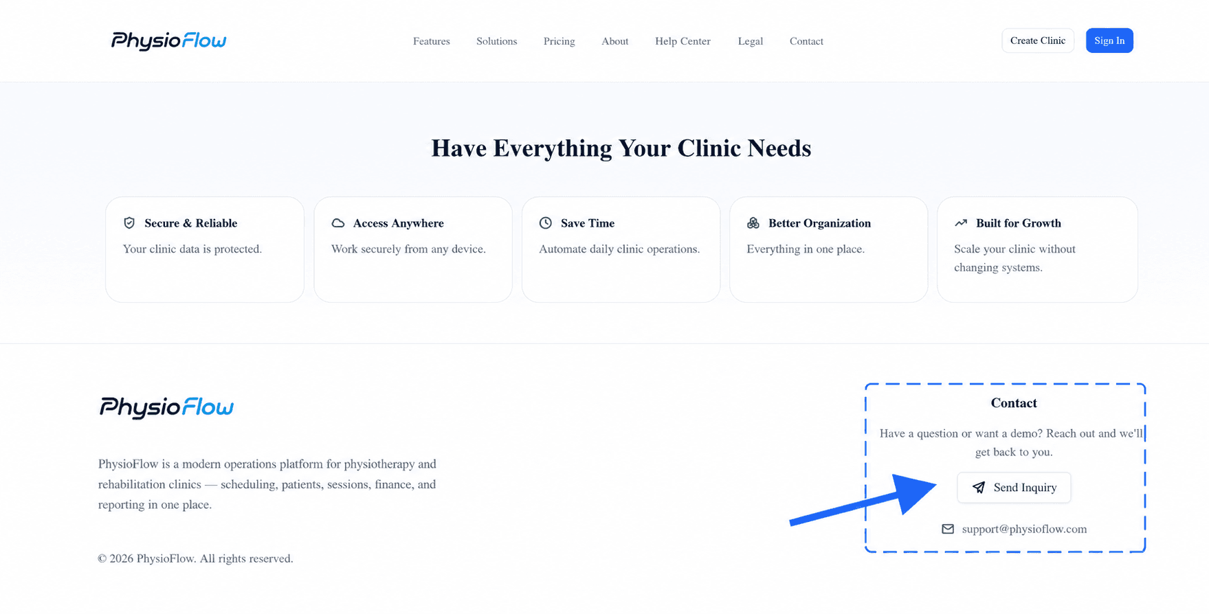 The PhysioFlow home page footer with a dashed Contact card and a Send Inquiry button