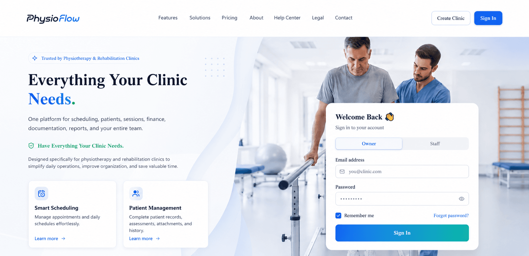 PhysioFlow's public home page, showing the navigation menu, hero section, and a Welcome Back sign-in panel