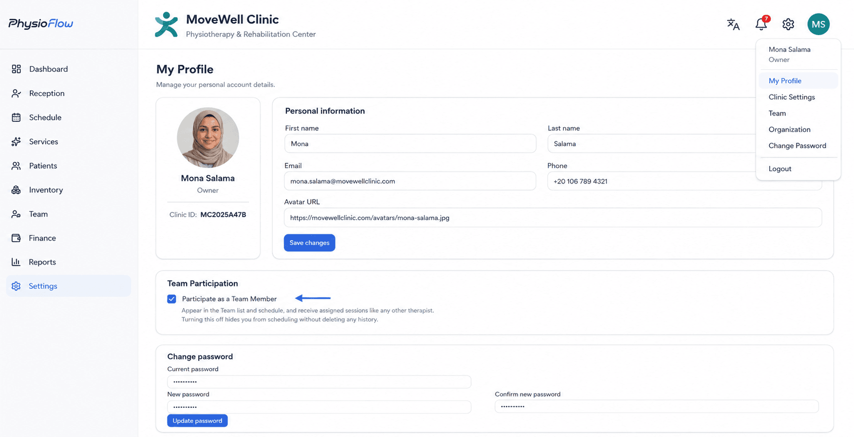The My Profile page showing personal information fields, a Team Participation checkbox, and a Change Password form
