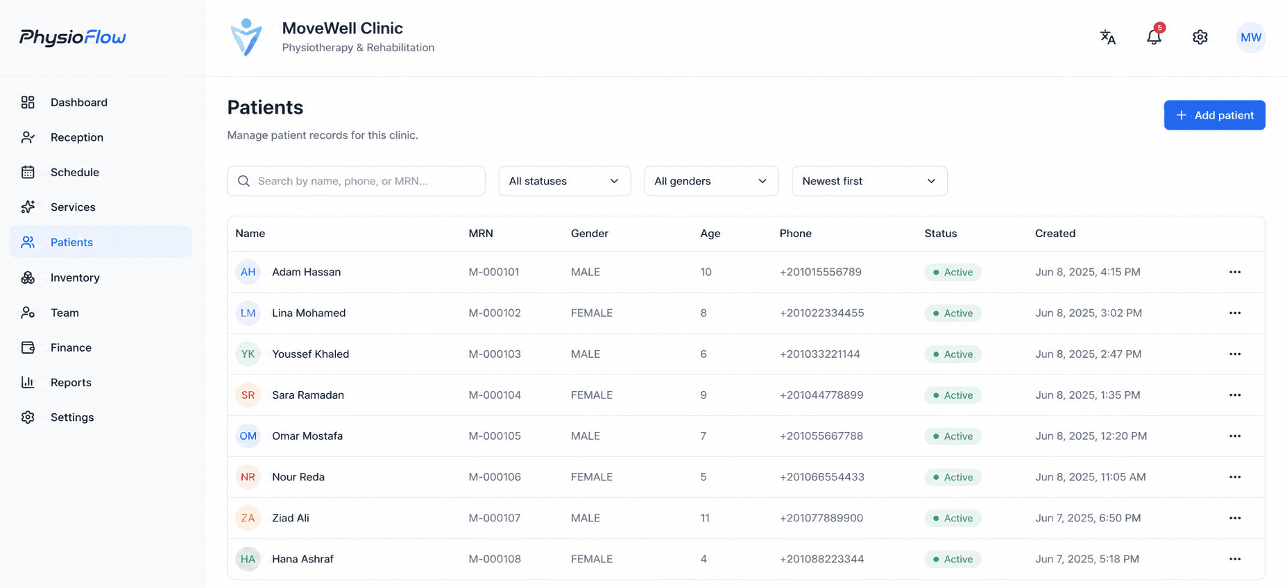 The Patients directory listing patient name, MRN, gender, age, phone, status, and registration date
