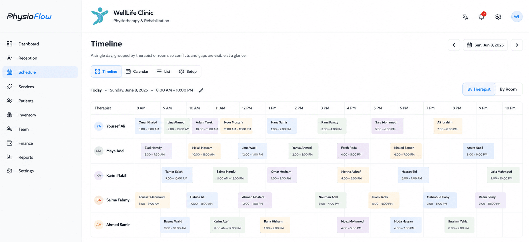 The Schedule Timeline view showing each therapist's row with color-coded appointments across the day