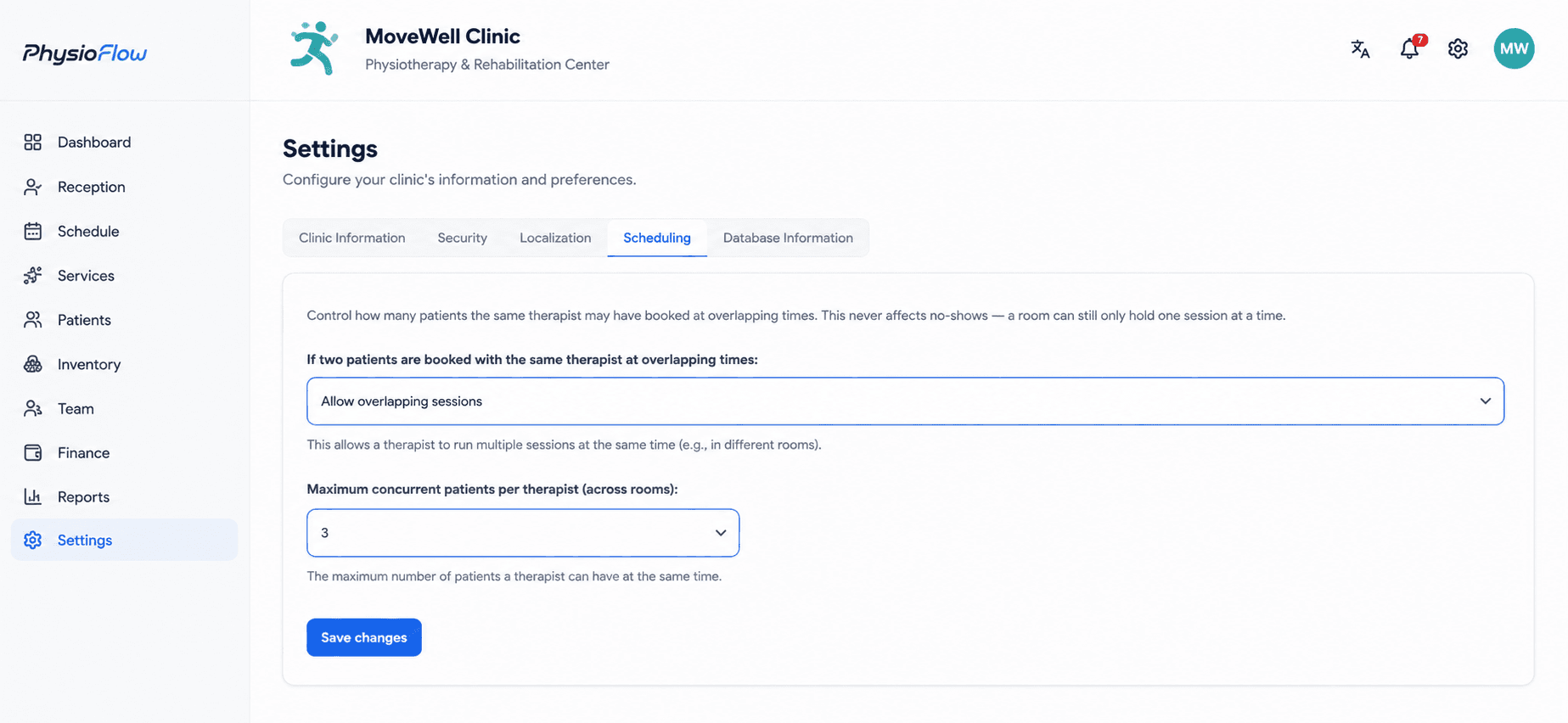 The Scheduling Settings tab with an Allow overlapping sessions dropdown and a maximum concurrent patients selector