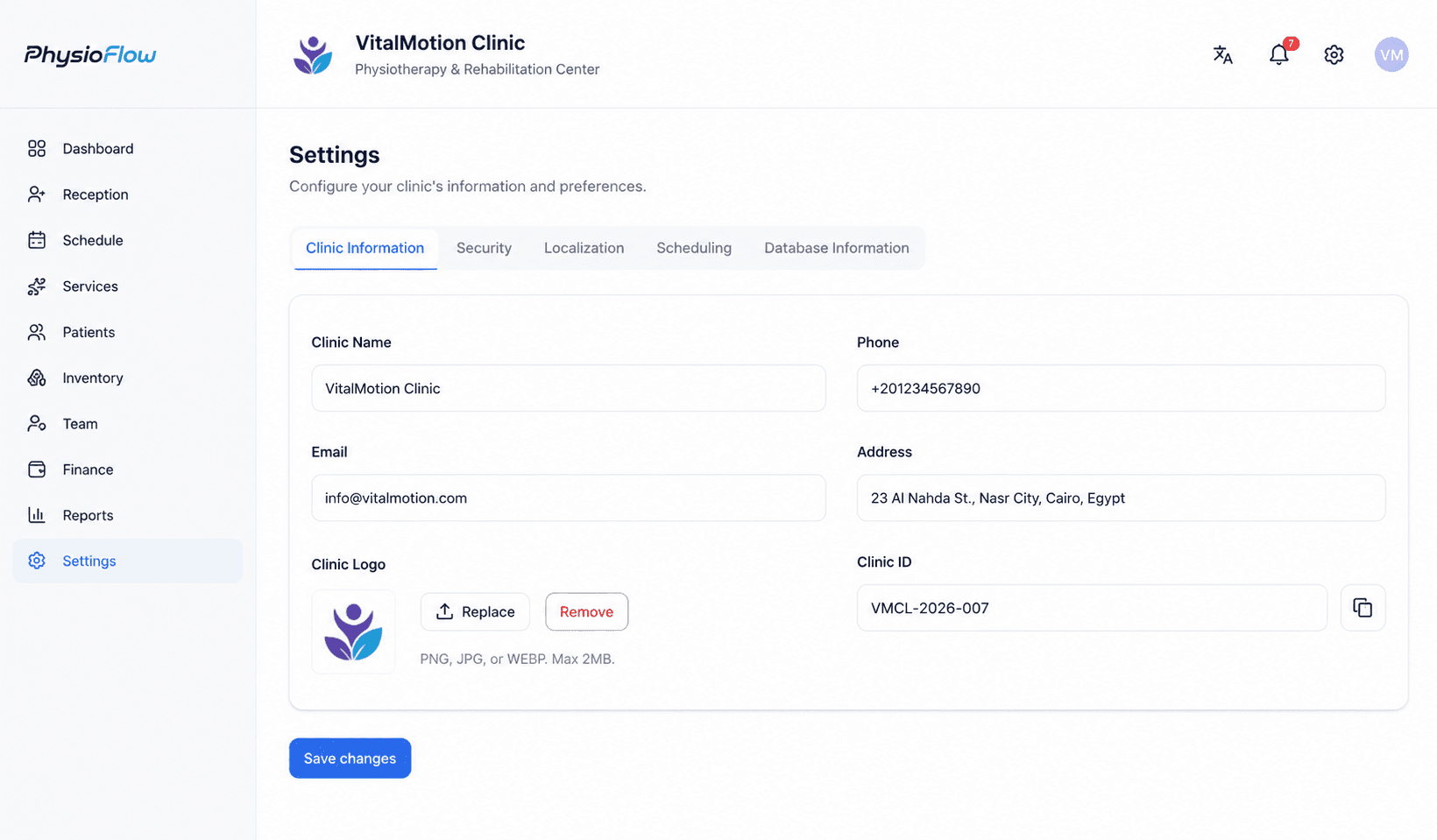 The Clinic Information settings tab showing clinic name, phone, email, address, logo, and Clinic ID fields