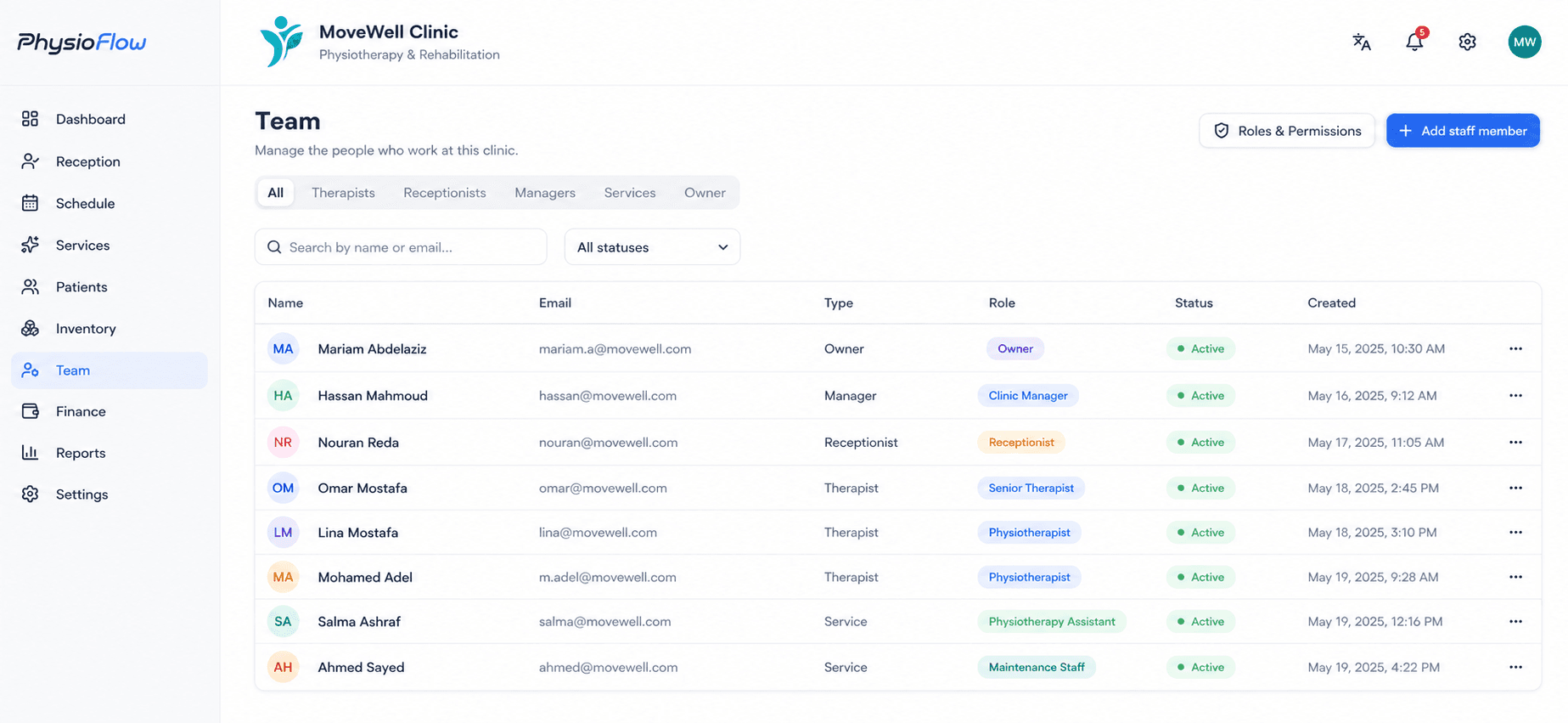 The Team directory listing staff name, email, type, role, status, and registration date